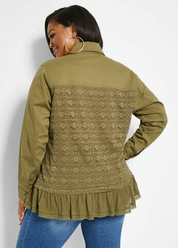 Olive Lace Paneled Jacket -Back - Ashley Stewart - Curvicality
