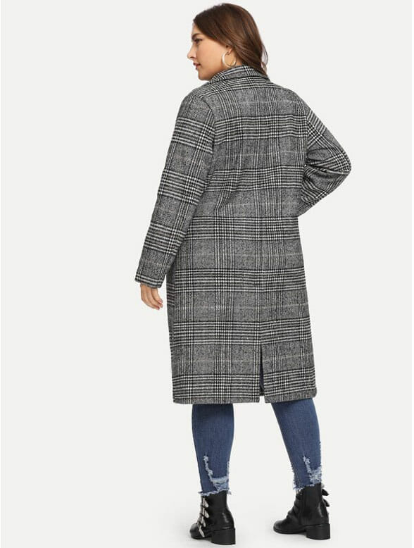 Shein Houndstooth Notched Tweed Coat - Back View - Curvicality
