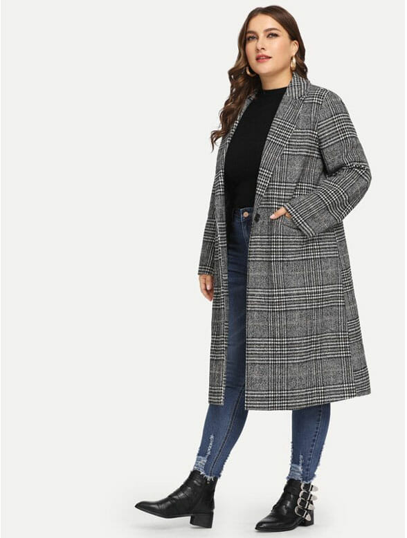 Shein Houndstooth Notched Tweed Coat - Front View - Curvicality