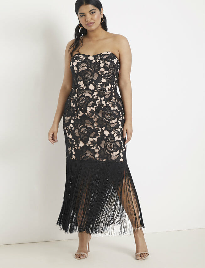 Eloquii Strapless Lace and Fringe Dress- Curvicality Magazine Holiday Dress Picks