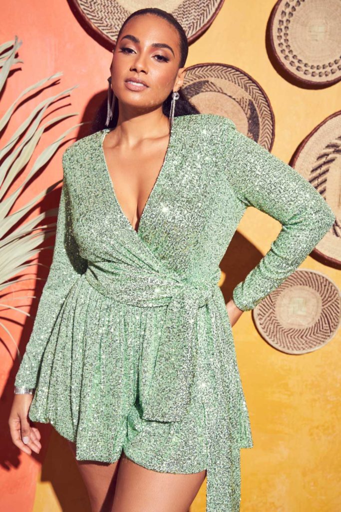 Designer Melissa Mercedes New Eloqui collection sea green sparkle jumpsuit